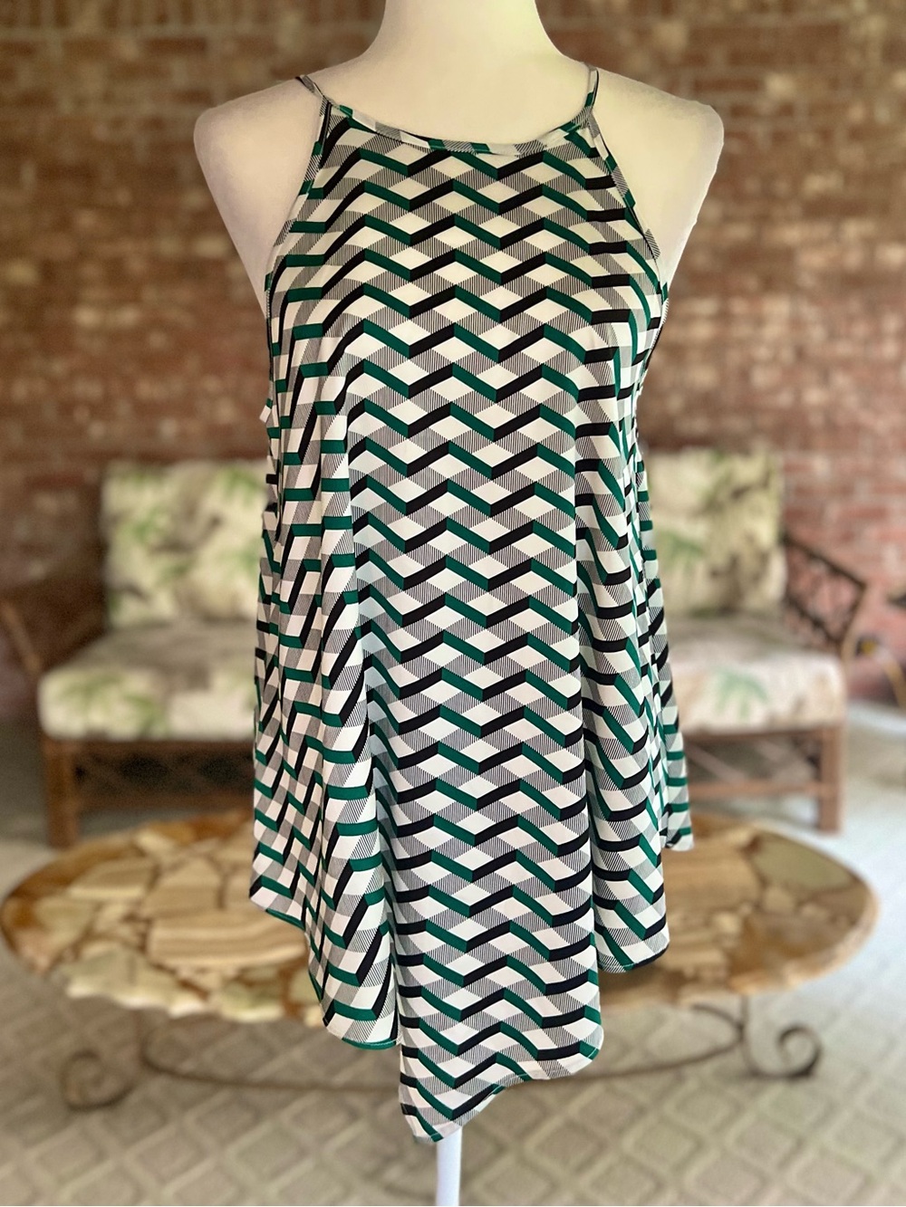 Worthington Green Black White Geo Plaid Hankerchief Hem Halter Top M